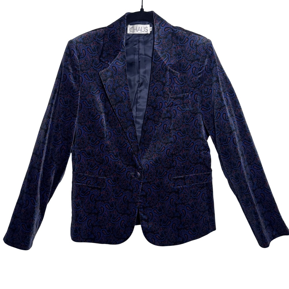 Chaus Velvet Paisley Blazer Navy Purple Burgundy 100% Cotton Vintage Style 390